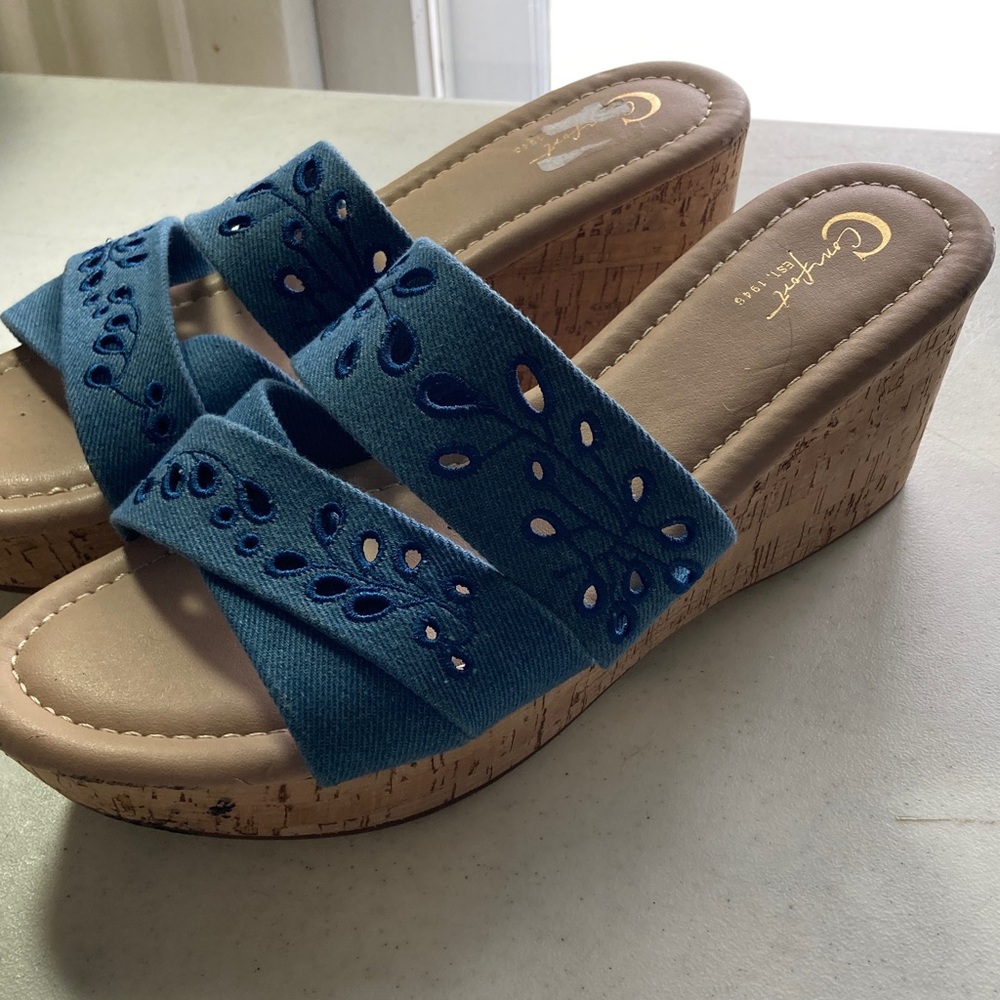 Comfort Blue Denim Cutout Wedge Sandals